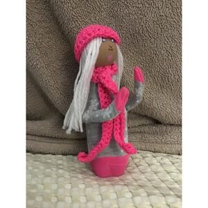 Handmade Doll Girl‎ Winter Outfit Pink Hat Scarf Mittens Snowflakes